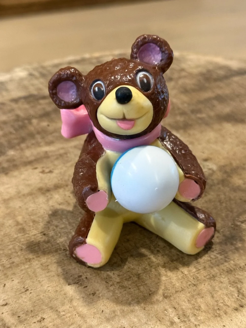 Vintage Brown and Pink Bear Toy Figure with Ball Cake Topper